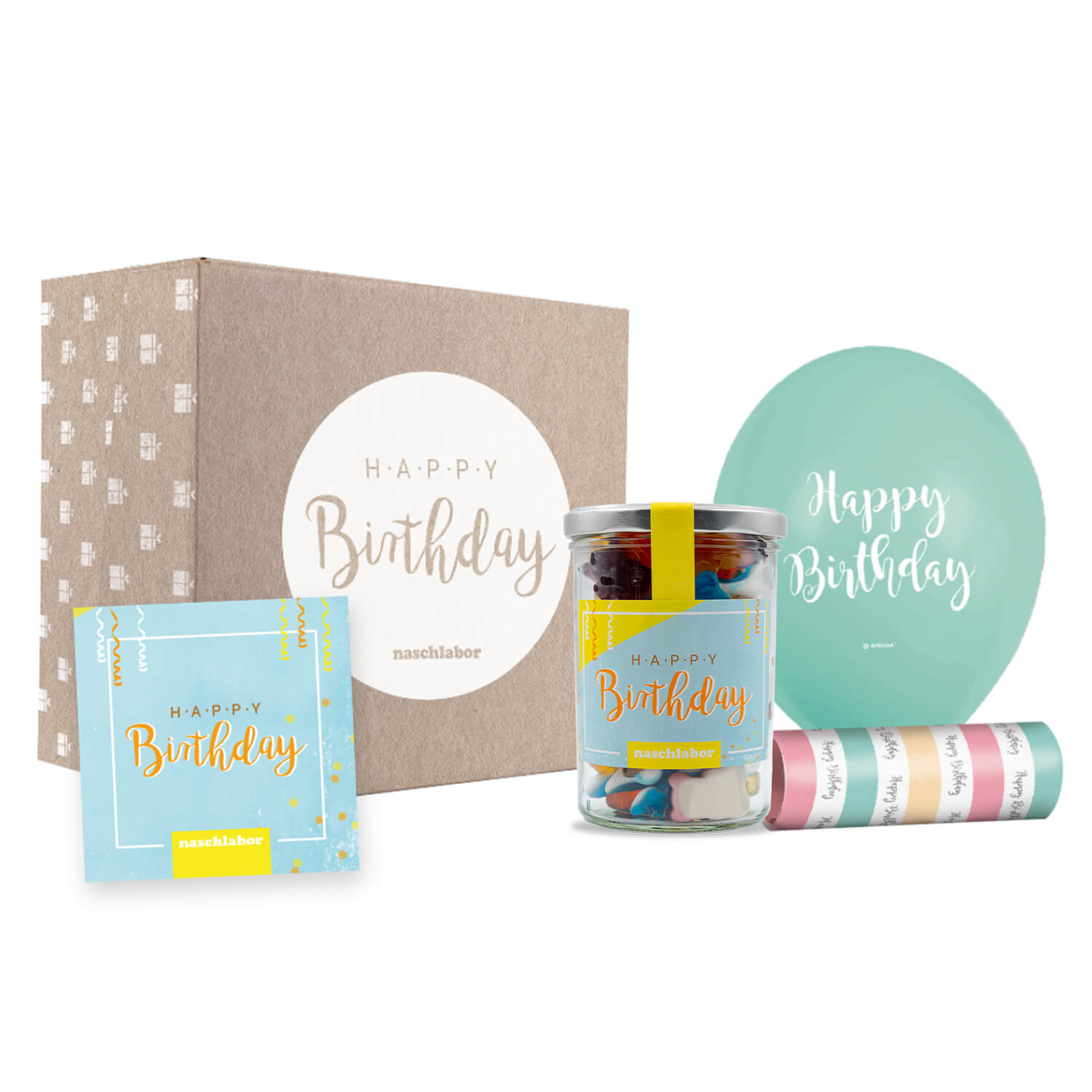 Geburtstag Geschenkbox klein mit Fruchtgummis und Luftschlangen