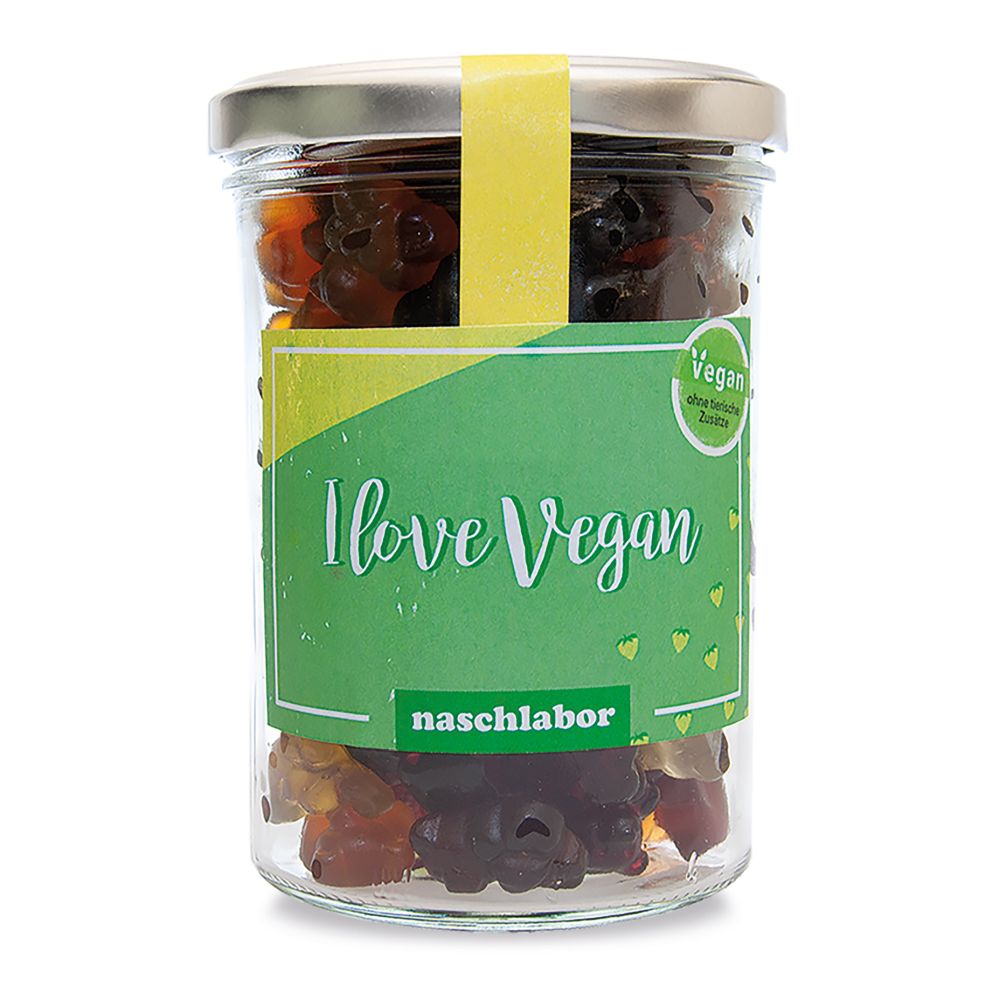 Vegane Fruchtgummis im Geschenkglas I love vegan - Großverpackung (VE mit 6 Gläsern)