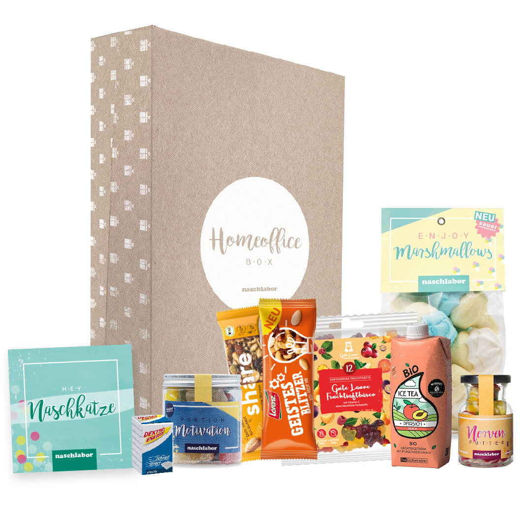 Home Office Geschenkbox Groß mit Fruchtgummis, Marshmallows & Eistee